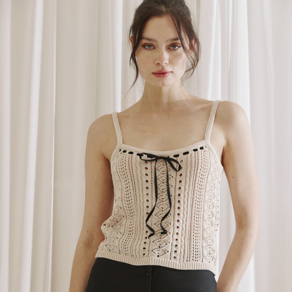 Storia Beige Open-Knit Crop Top with Lace-Up Detail